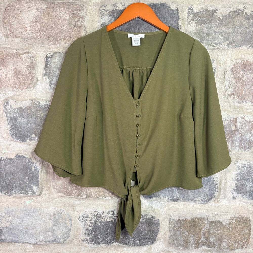 Urban Romantics Women's Olive Green Tie Front Button Up V-Neck Blouse Large